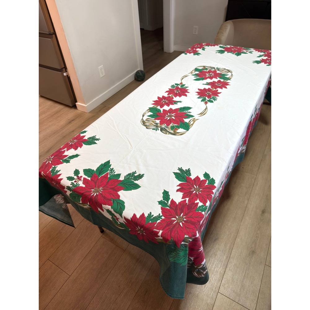 Vintage Christmas Poinsettia Tablecloth 84" x 59" Red Green Gold Holiday